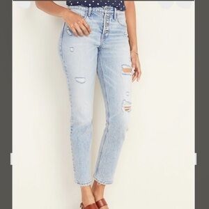 Old Navy Power Slim Straight Hi-Rise Jeans sz 12 distressed‎ buttons fly festive